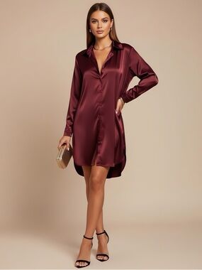 Satin  Button Down Dress Shirt Loose Fit Burgundy